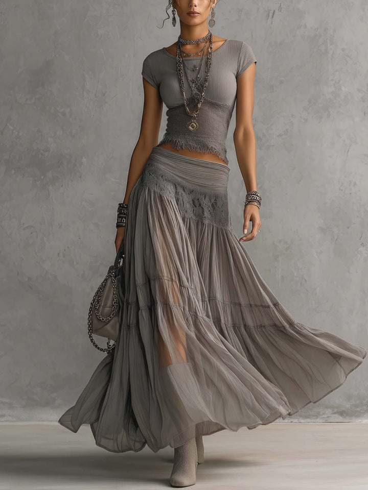 Olivia | conjunto encaje top gris plisado