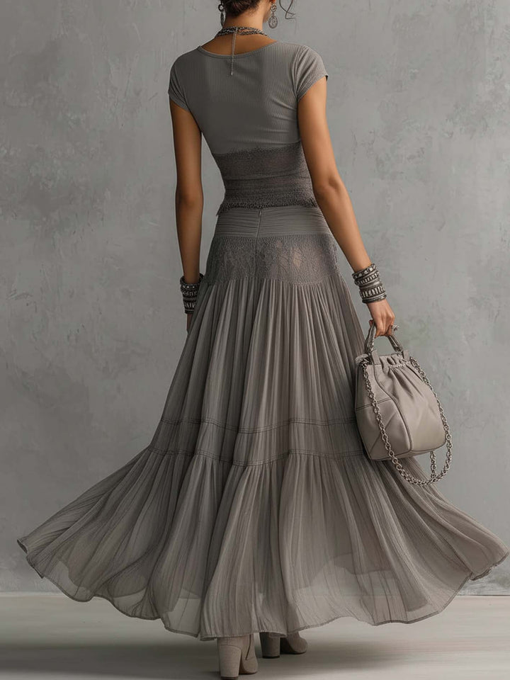 Olivia | conjunto encaje top gris plisado