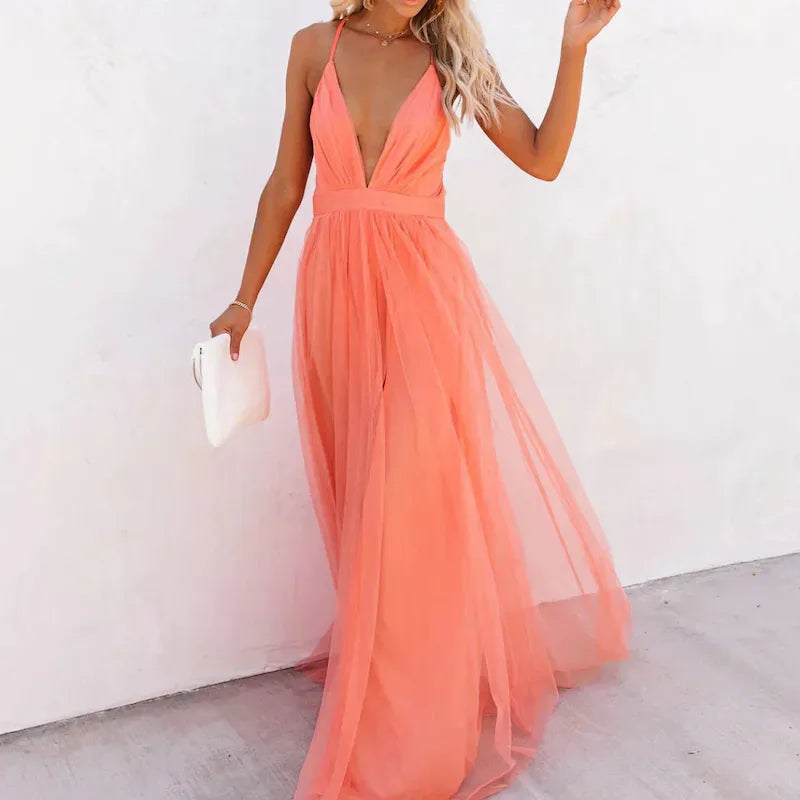 Coral - Vestido elegante sensual y ligero con escote marcado