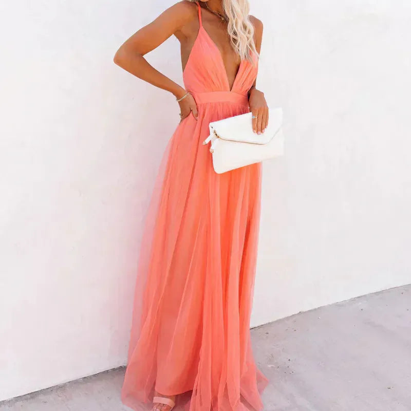 Coral - Vestido elegante sensual y ligero con escote marcado