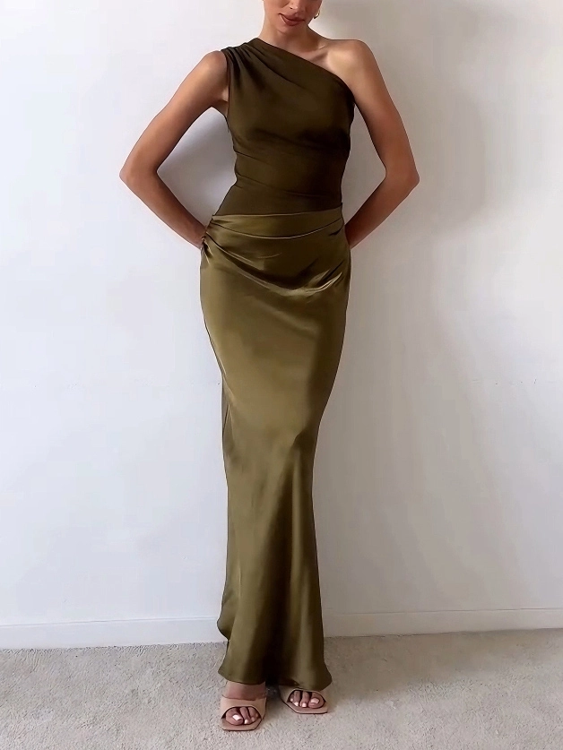 Laura | Vestido maxi de fiesta elegante con un hombro y pliegues