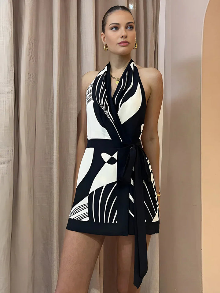 Contrast Color Print Halter Belted Short Dress