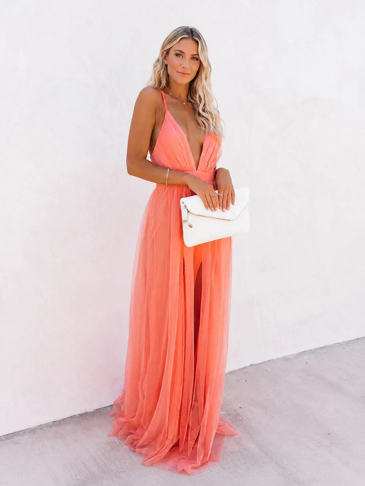 Coral - Vestido elegante sensual y ligero con escote marcado