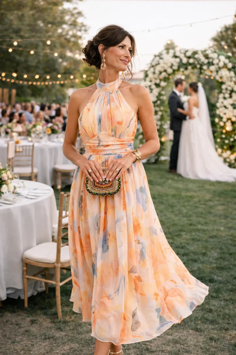 Aurora | Vestido con cuello halter y estampado acuarela