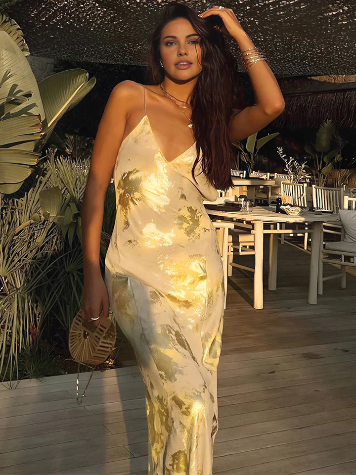 Lola | Vestido largo slip metálico con escote en V y espalda descubierta