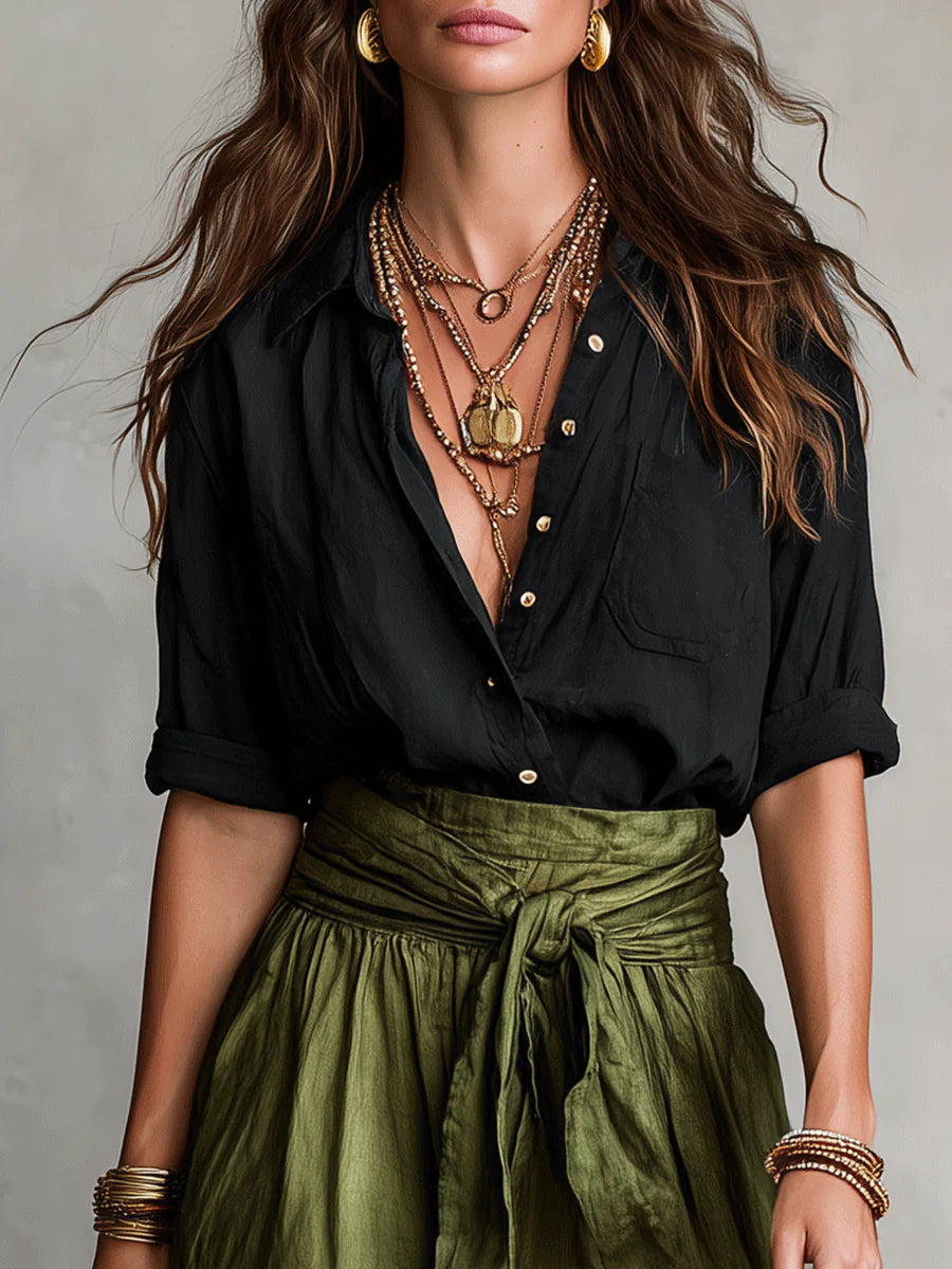 Vera – Conjunto de dos piezas: camisa negra y falda midi verde oliva