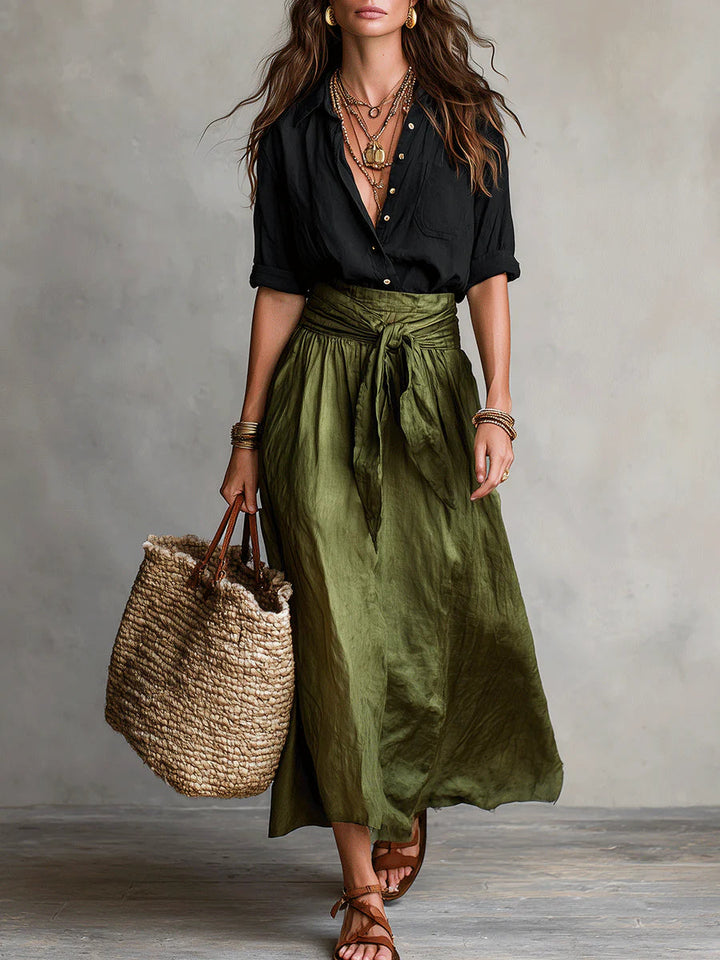 Vera – Conjunto de dos piezas: camisa negra y falda midi verde oliva