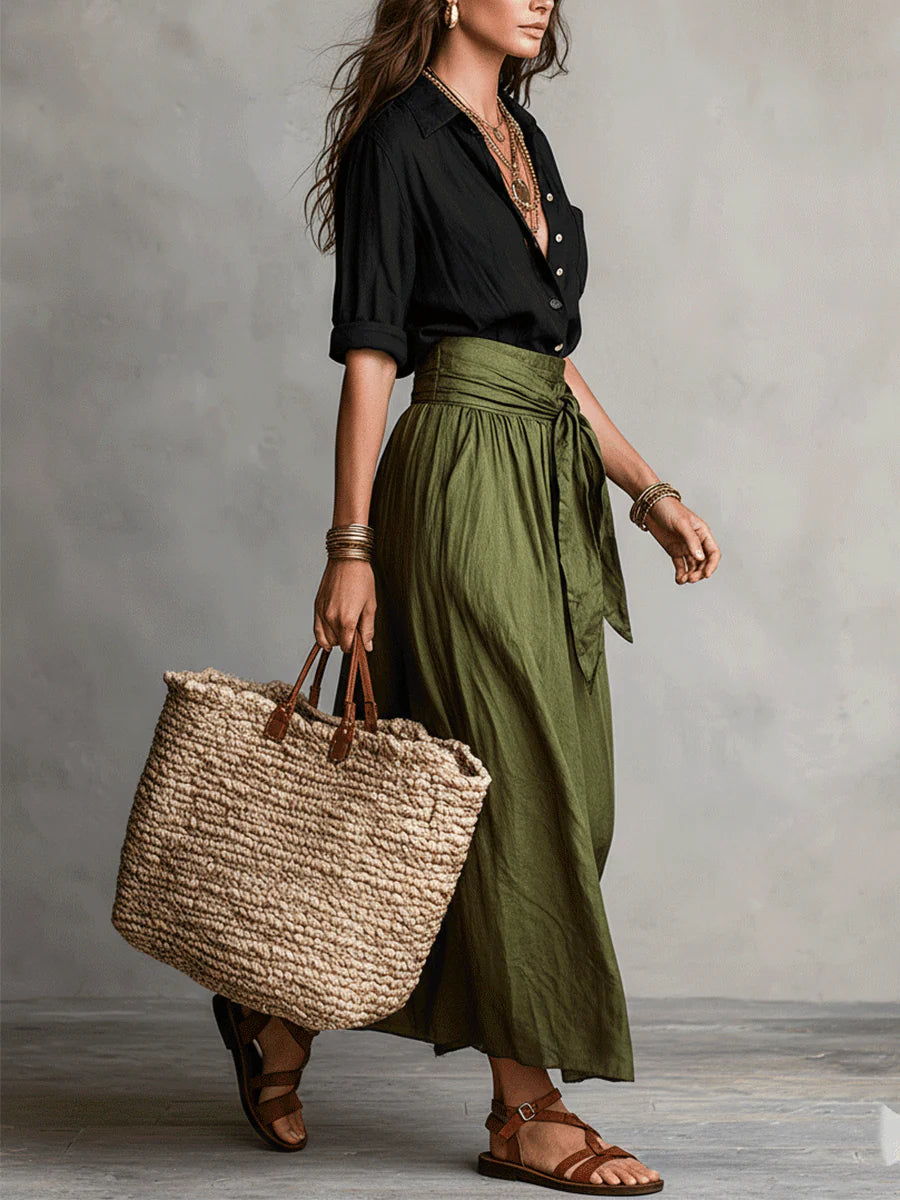 Vera – Conjunto de dos piezas: camisa negra y falda midi verde oliva