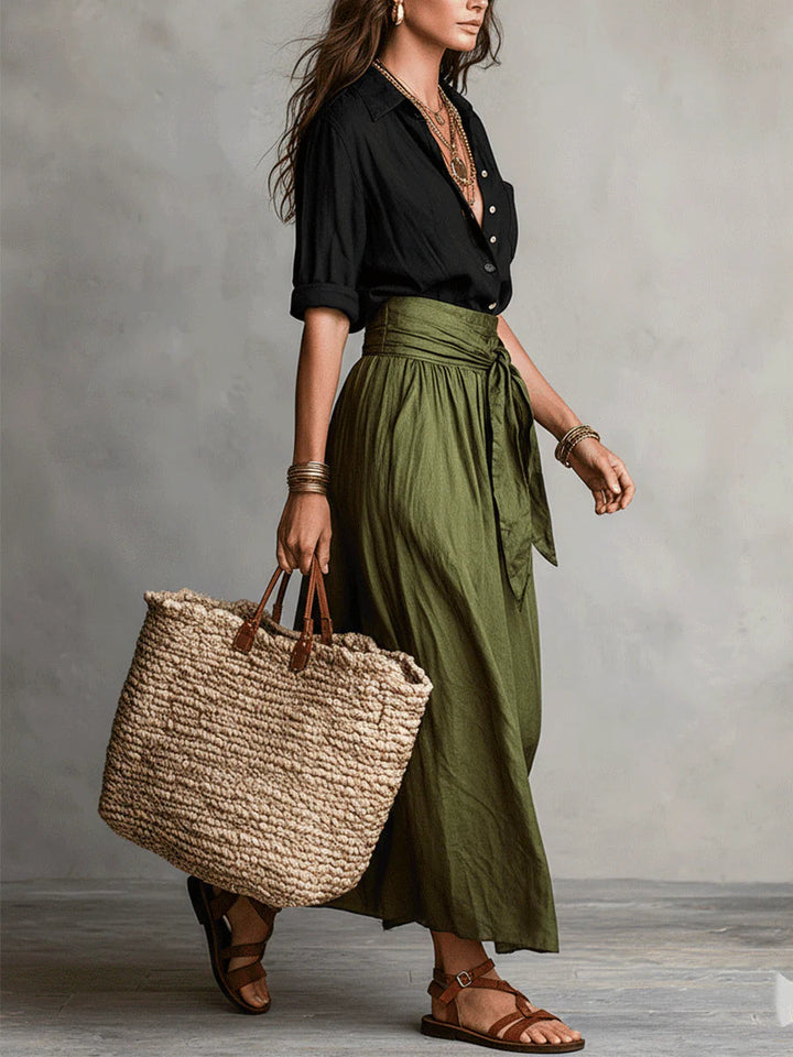 Vera – Conjunto de dos piezas: camisa negra y falda midi verde oliva