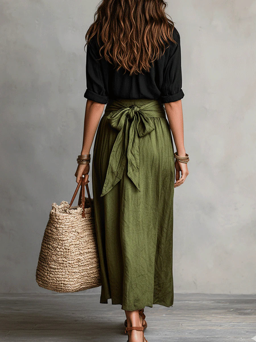 Vera – Conjunto de dos piezas: camisa negra y falda midi verde oliva