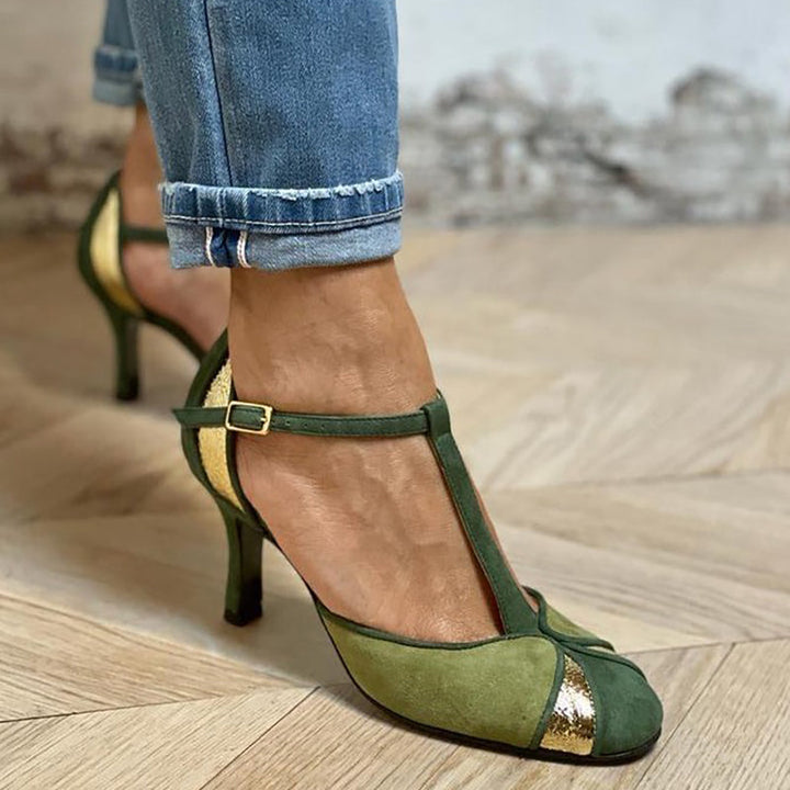 Taviana | Zapatos de tacón patchwork con tira en T y punta cerrada