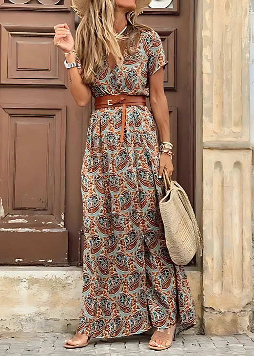 Romy | Vestido largo bohemio con cintura fruncida
