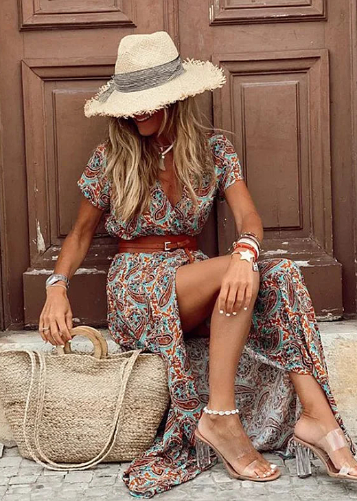 Romy | Vestido largo bohemio con cintura fruncida