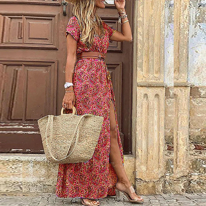 Romy | Vestido largo bohemio con cintura fruncida